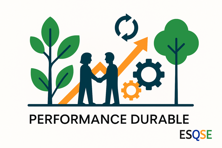 Visuel professionnel illustrant la performance durable selon ESQSE : une approche intégrée HQSE-RSE alliant progrès, impact positif et durabilité. Illustration vectorielle aux couleurs bleu, orange et vert, avec le logo ESQSE en bas à droite.