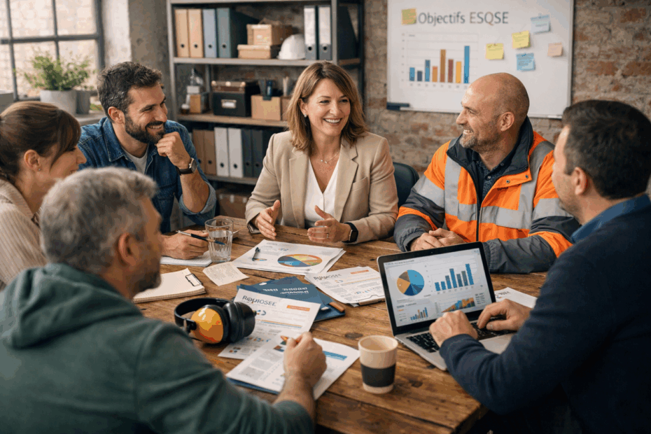 Réunion d’équipe dans une PME travaillant sur l’organisation et l’amélioration continue dans une démarche ISO 9001