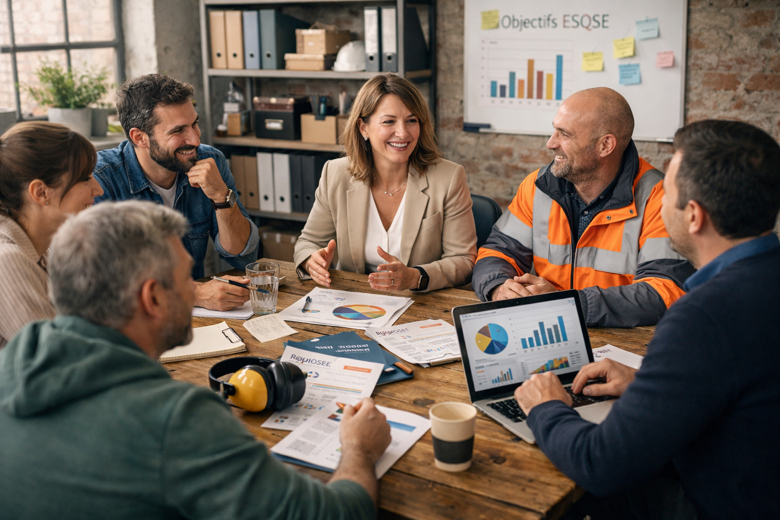 Réunion d’équipe dans une PME travaillant sur l’organisation et l’amélioration continue dans une démarche ISO 9001