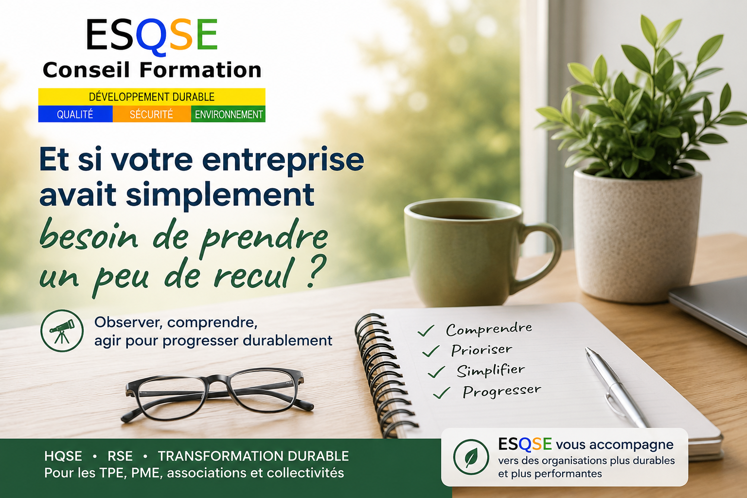 Dirigeante prenant du recul pour analyser l'organisation de son entreprise et identifier des pistes d'amélioration – ESQSE Conseil Formation