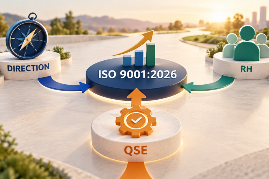 Illustration de la transition ISO 9001:2026 associant la direction, les ressources humaines et le responsable QSE.